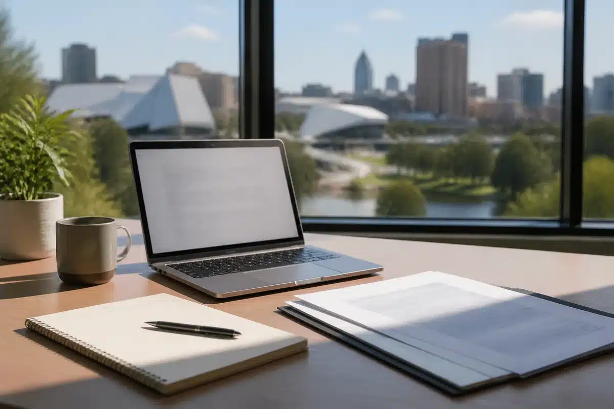 Resume writing workspace overlooking Adelaide