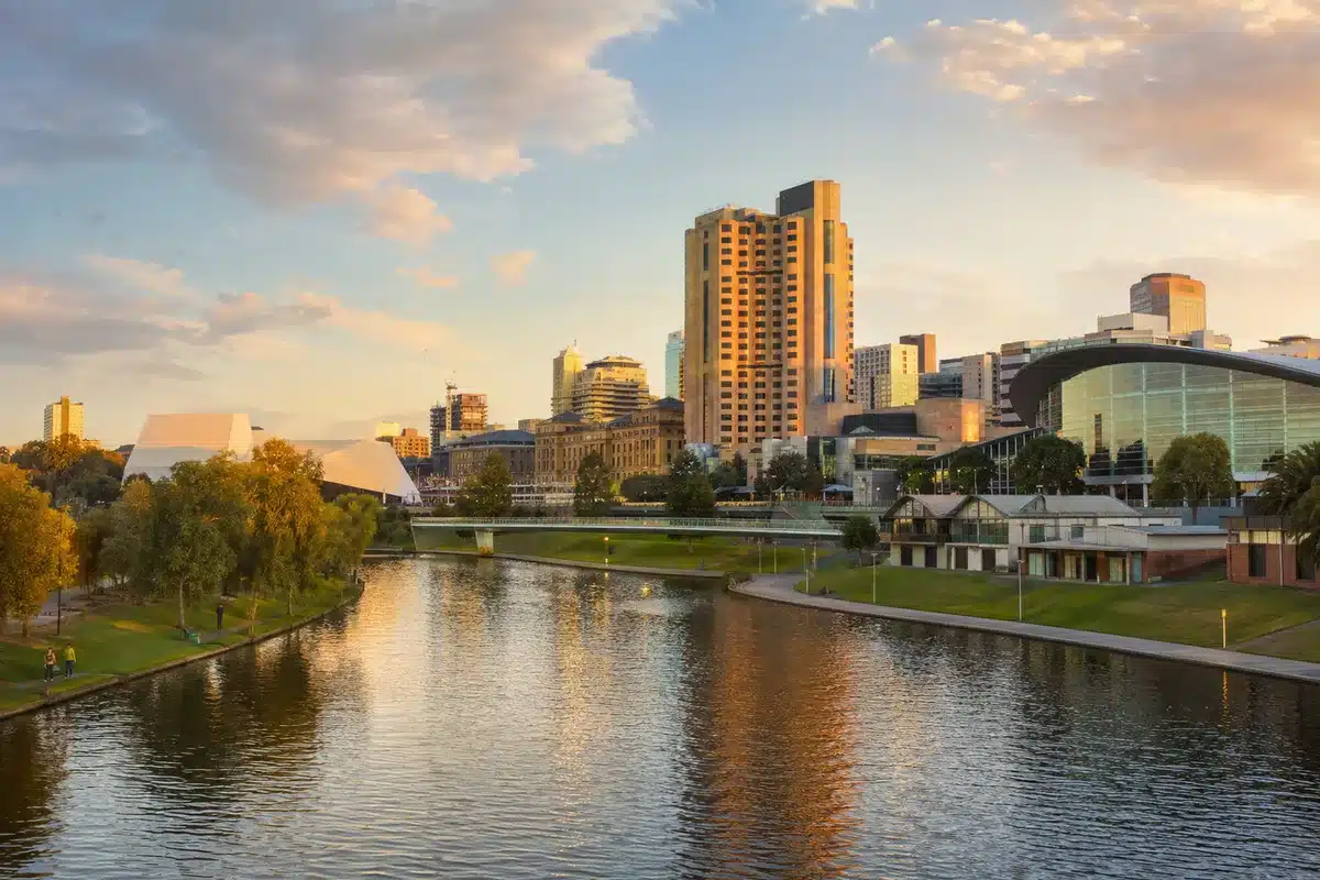 Adelaide Riverbank and CBD at golden hour